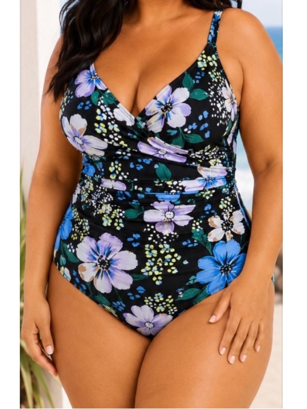 Jantzen NWT 18 W Wrap Floral Swimsuit Black Print Blue White Lavender